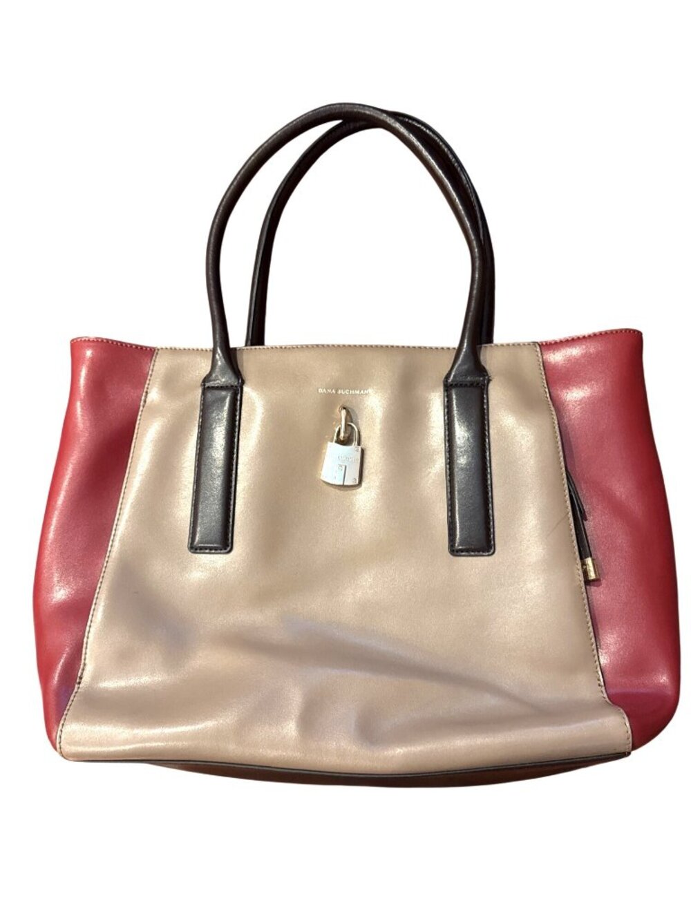 Dana Buchman Colorblock Leather Tote Bag Taupe Red Brown Padlock Quiet Luxury